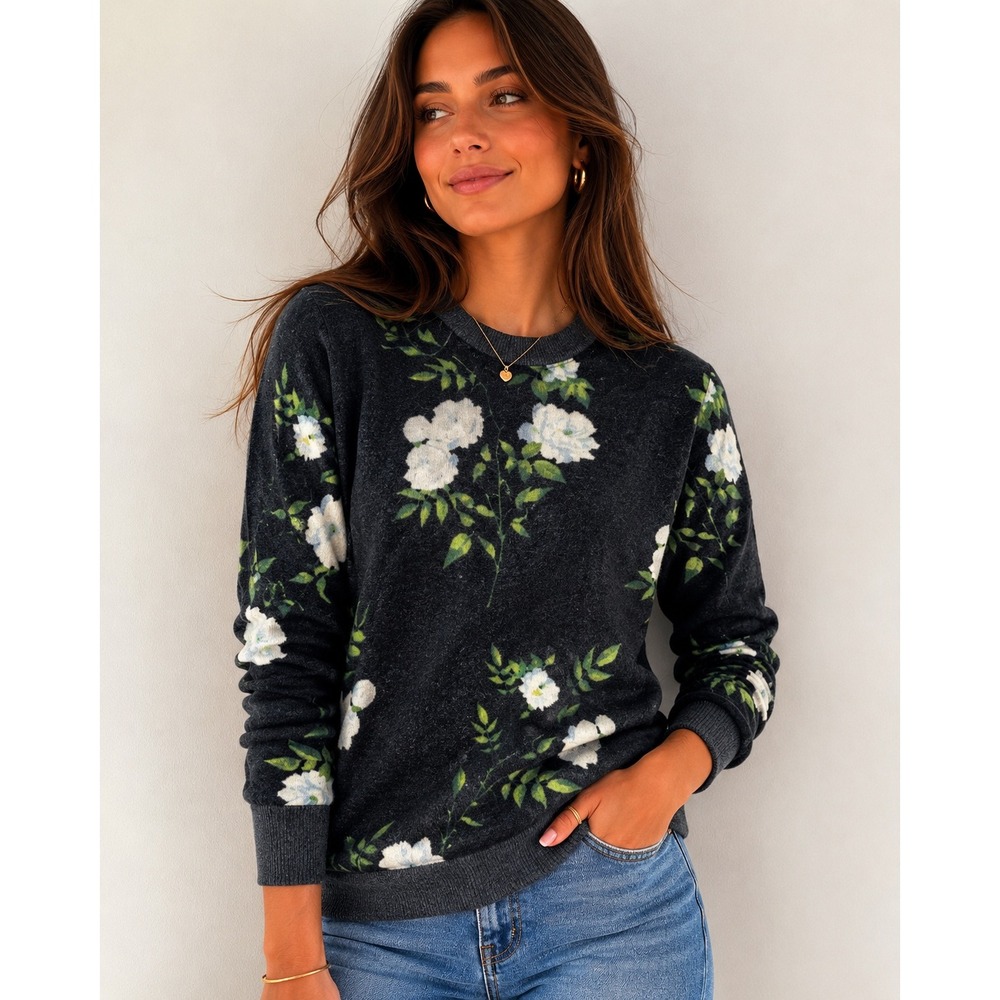 Knitwit‎ Womens 100% Cashmere Floral Rose Print Crewneck Sweater Gray XS